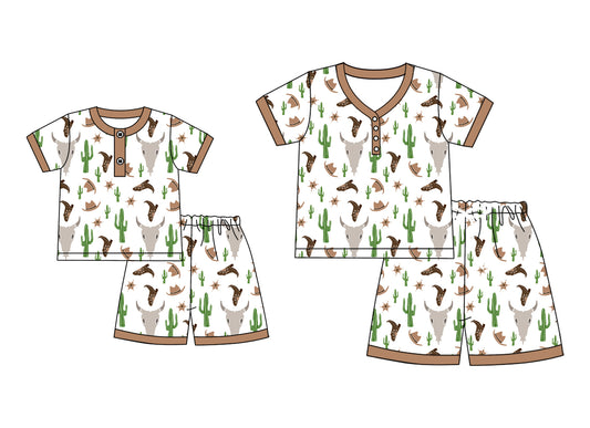 4.24 custom each style moq 5eta 4-6week Sibling Sister cow head boots hats short sleeve shorts sets and adult sets match design