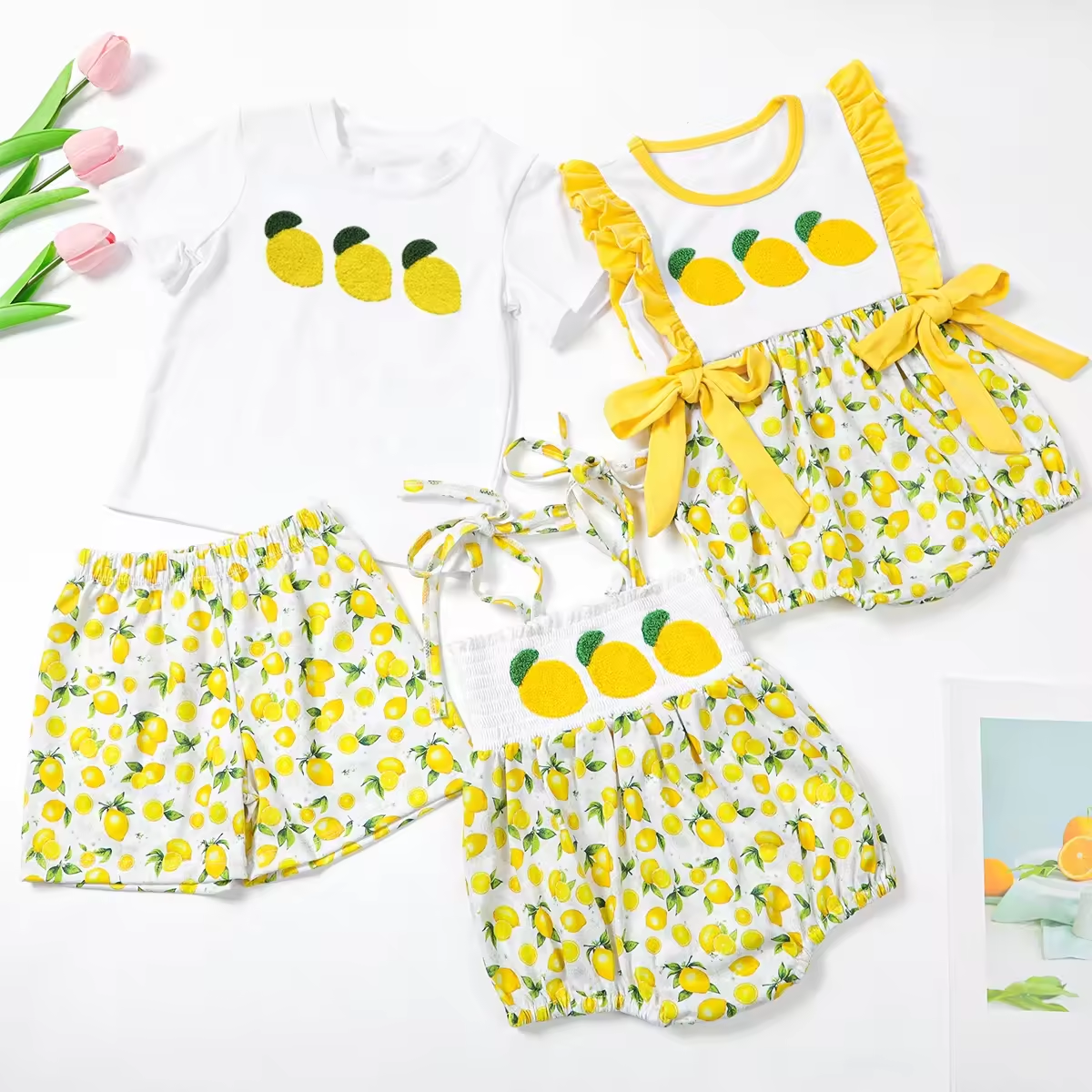 5.21custom each style moq 5eta 4-5week Sibling Sister lemon print yellow boys outfits and baby romper match family design