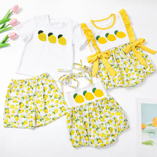 5.21custom each style moq 5eta 4-5week Sibling Sister lemon print yellow boys outfits and baby romper match family design