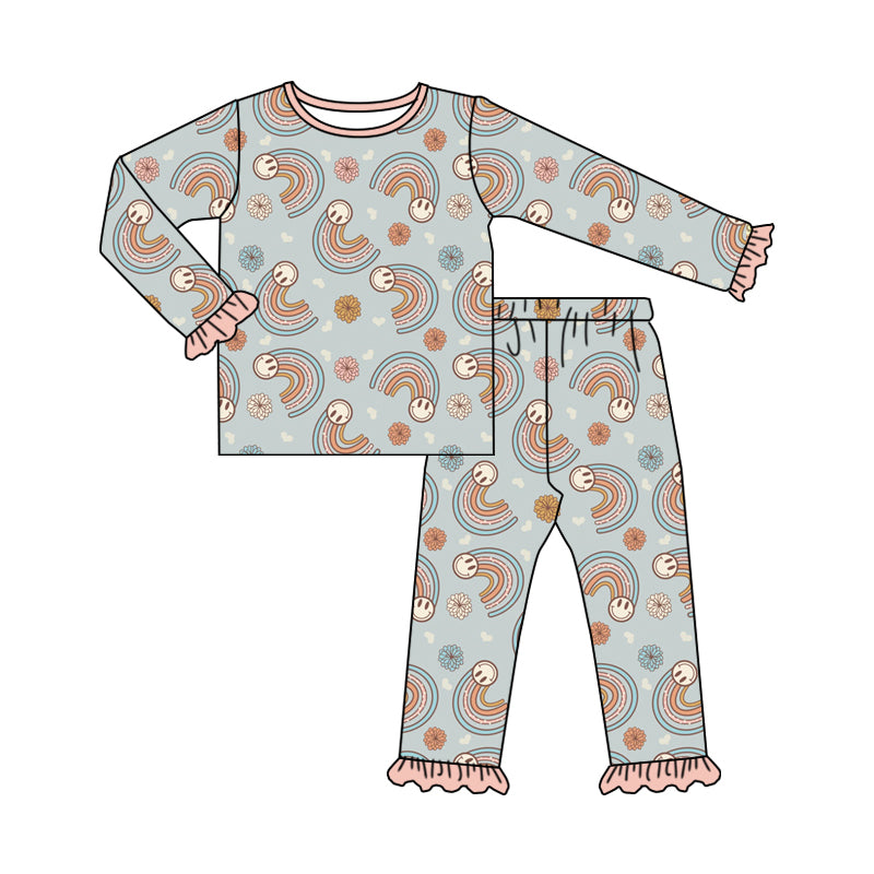 8.2 custom each style moq 5eta 4-6week Sibling Sister rainbow smiley baby girls sets and dress and rompers match family design