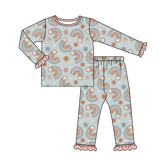 8.2 custom each style moq 5eta 4-6week Sibling Sister rainbow smiley baby girls sets and dress and rompers match family design