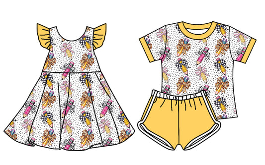 4.18 custom each style moq 5eta 4-6week Sibling Sister pencil bow baby girl short sleeve shorts sets and dresses match design