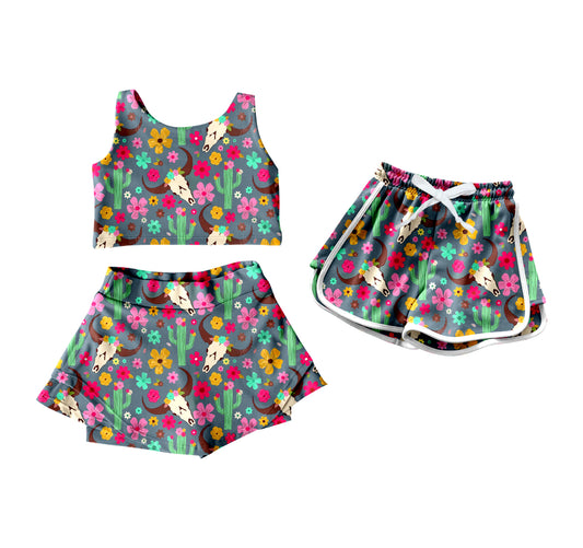 4.15 custom each style moq 5eta 4-6week Sibling Sister catcus cow head floral baby girls clothes Short sleeve yoga dress and shorts match family design