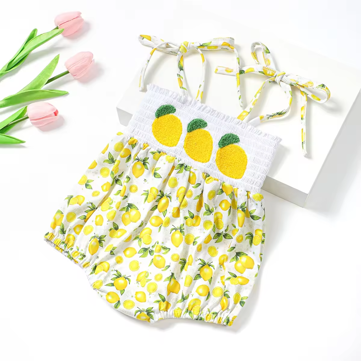 5.21custom each style moq 5eta 4-5week Sibling Sister lemon print yellow boys outfits and baby romper match family design