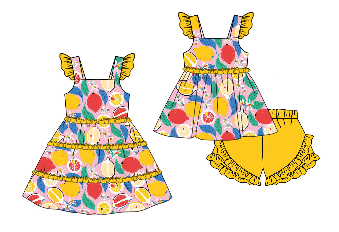 11.13 custom each style moq 5eta 4-6week Sibling Sister lemon yellow baby girl short sleeve shorts sets and dresses match design