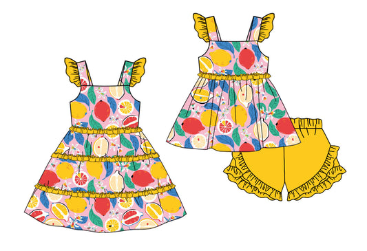 11.13 custom each style moq 5eta 4-6week Sibling Sister lemon yellow baby girl short sleeve shorts sets and dresses match design