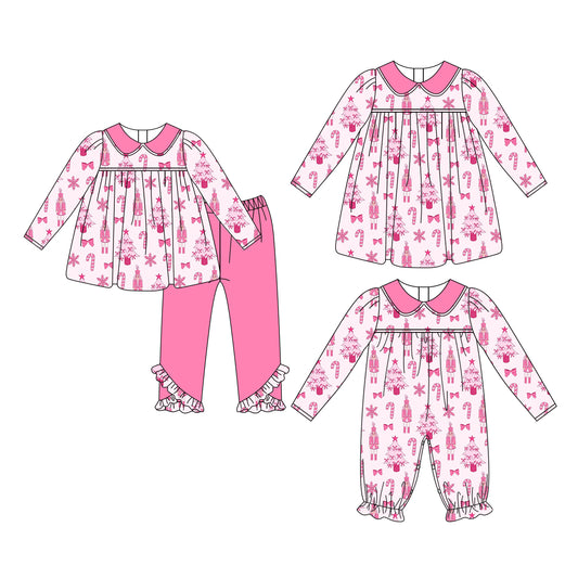 25.6.17 custom each style moq 5eta 4-6week Sibling Sisters Christmas pink baby girl long sleeve pants sets and dress and rompers match family design