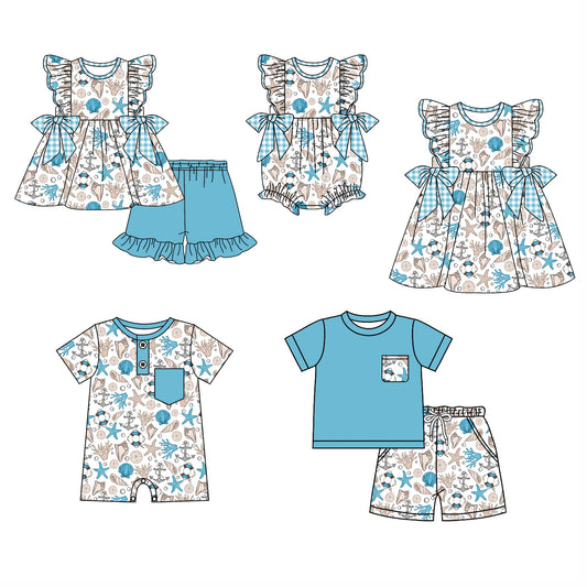 4.8 custom each style moq 5eta 4-6week Sibling Sister baby girl short sleeve shorts sets and sets 2 and boy romper and girl romper and dress match design