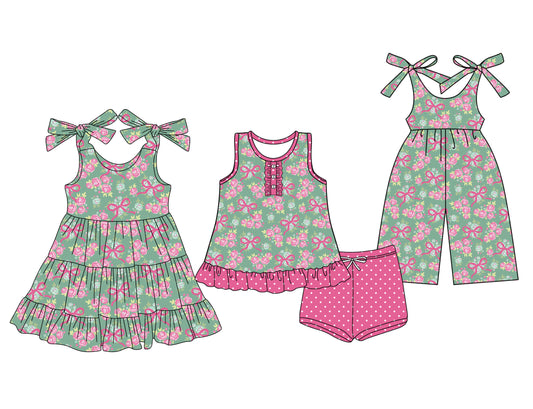 25.5.23 custom each style moq 5eta 4-6week Sibling Sister bow floral baby girl short sleeve shorts sets and dresses and jumpsuit match design