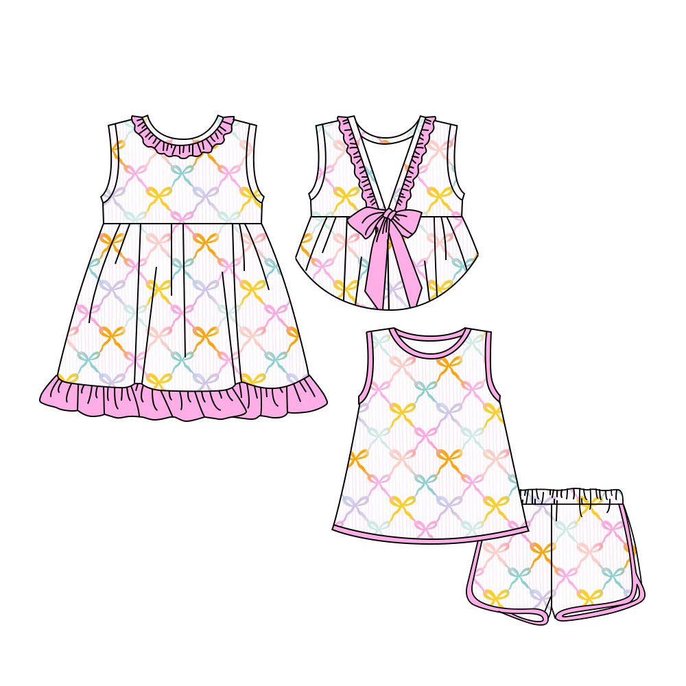 3.18 custom each style moq 5eta 4-6week Sibling Sister bow baby girl short sleeve shorts sets and dresses match design