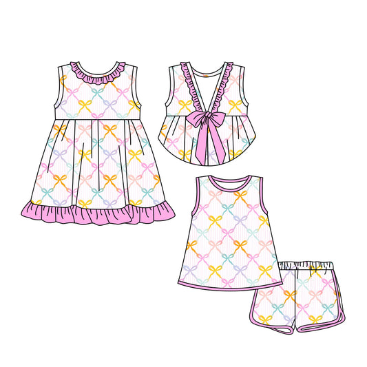 3.18 custom each style moq 5eta 4-6week Sibling Sister bow baby girl short sleeve shorts sets and dresses match design