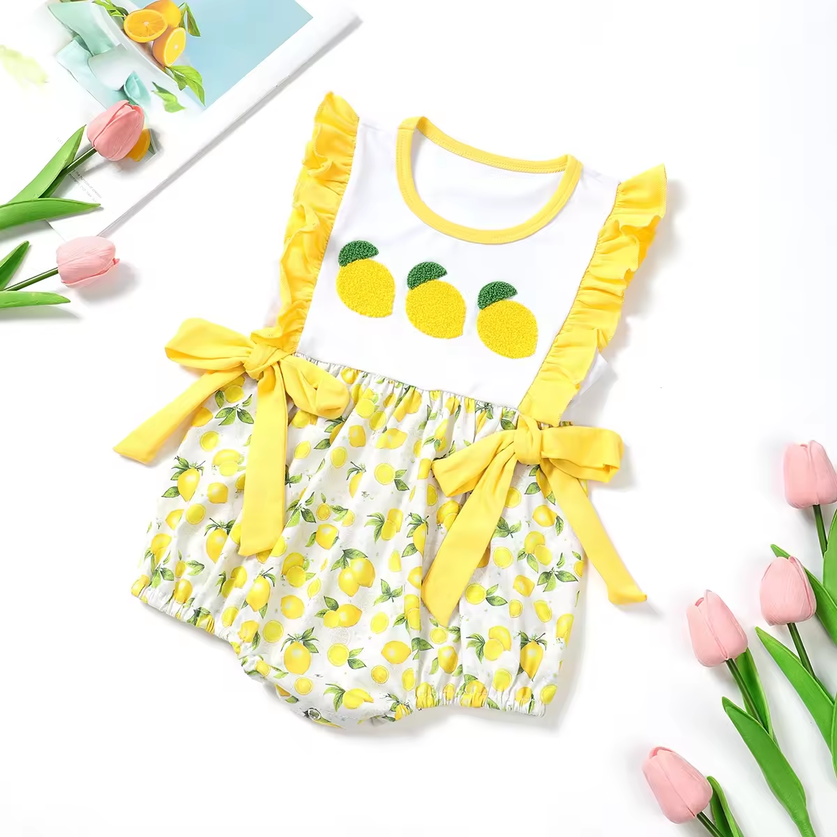 5.21custom each style moq 5eta 4-5week Sibling Sister lemon print yellow boys outfits and baby romper match family design