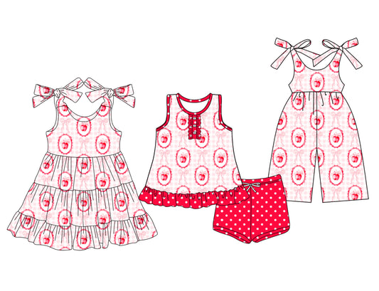 3.28 custom each style moq 5eta 4-6week Sibling Sister bow baby girl short sleeve shorts sets and dresses and jumpsuit match design