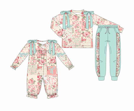 25.7.1 custom each style moq 5eta 4-6week Sibling Sisters floral baby girl long sleeve pants sets and rompers match family design