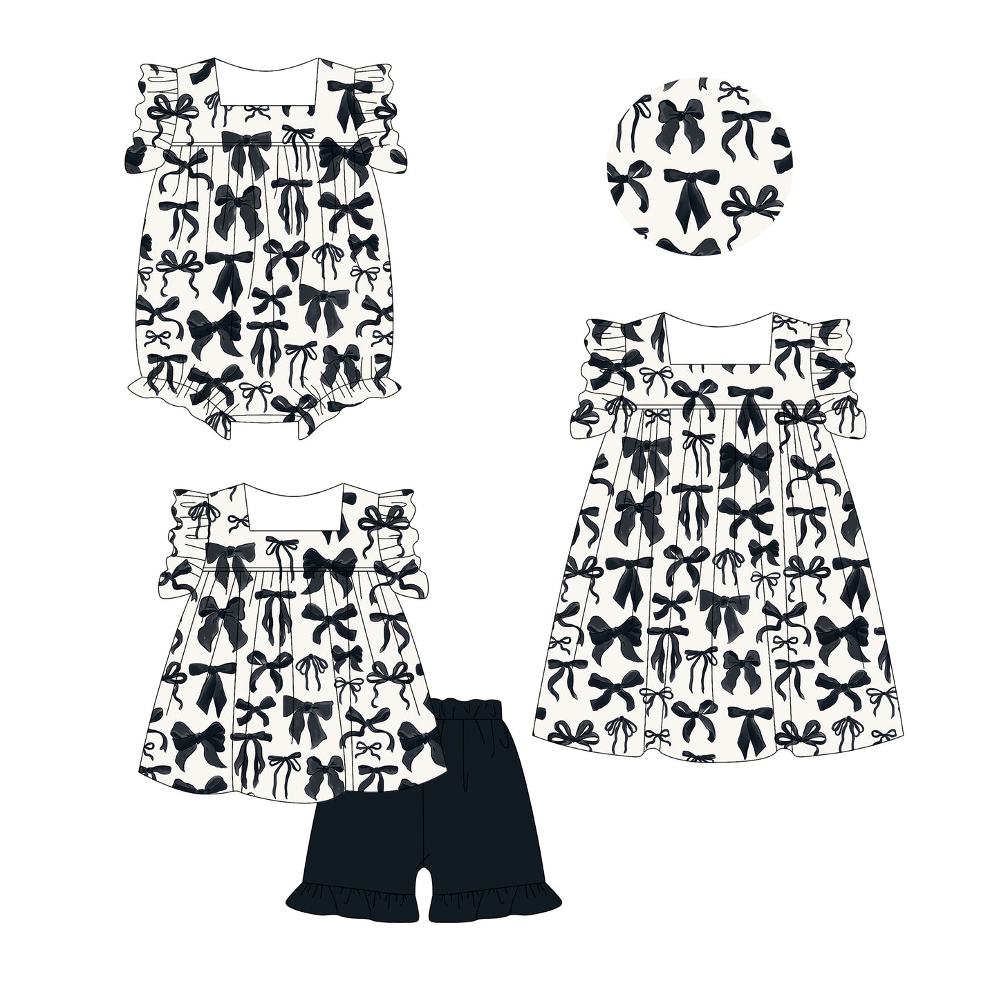 2.28 custom each style moq 5eta 4-6week Sibling Sister bow baby girl short sleeve shorts sets and dress and rompers match family design