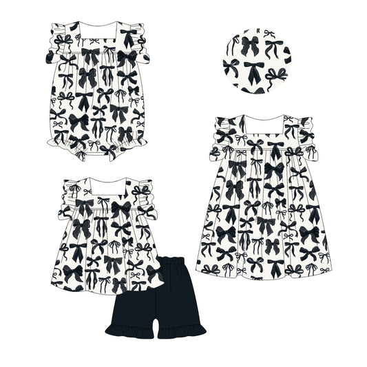 2.28 custom each style moq 5eta 4-6week Sibling Sister bow baby girl short sleeve shorts sets and dress and rompers match family design