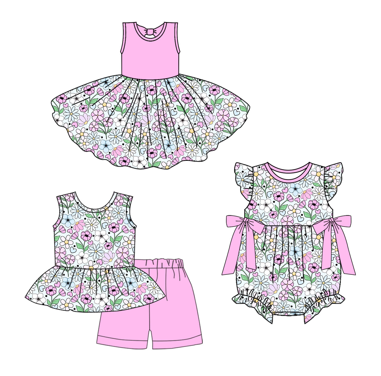 3.24 custom each style moq 5eta 4-6week Sibling Sisters floral baby girl short sleeve shorts sets and dress and rompers match family design