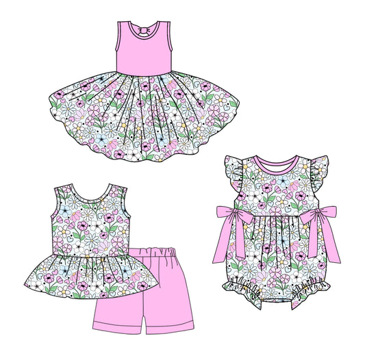 3.24 custom each style moq 5eta 4-6week Sibling Sisters floral baby girl short sleeve shorts sets and dress and rompers match family design
