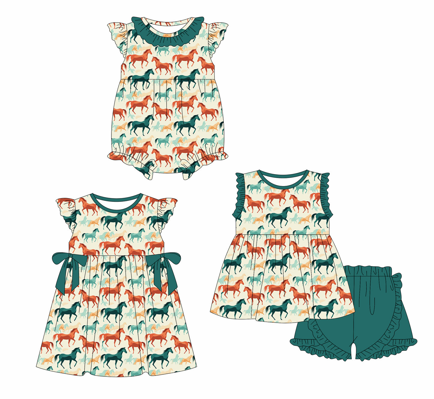 3.1 custom each style moq 5eta 4-6week Sibling Sister horse baby girl short sleeve shorts sets and dress and rompers match family design