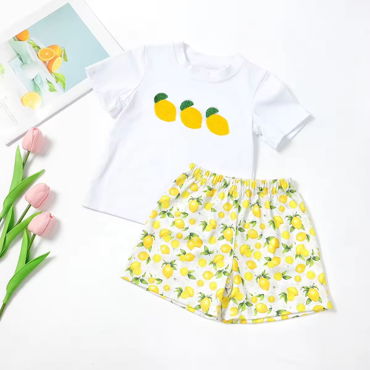 5.21custom each style moq 5eta 4-5week Sibling Sister lemon print yellow boys outfits and baby romper match family design