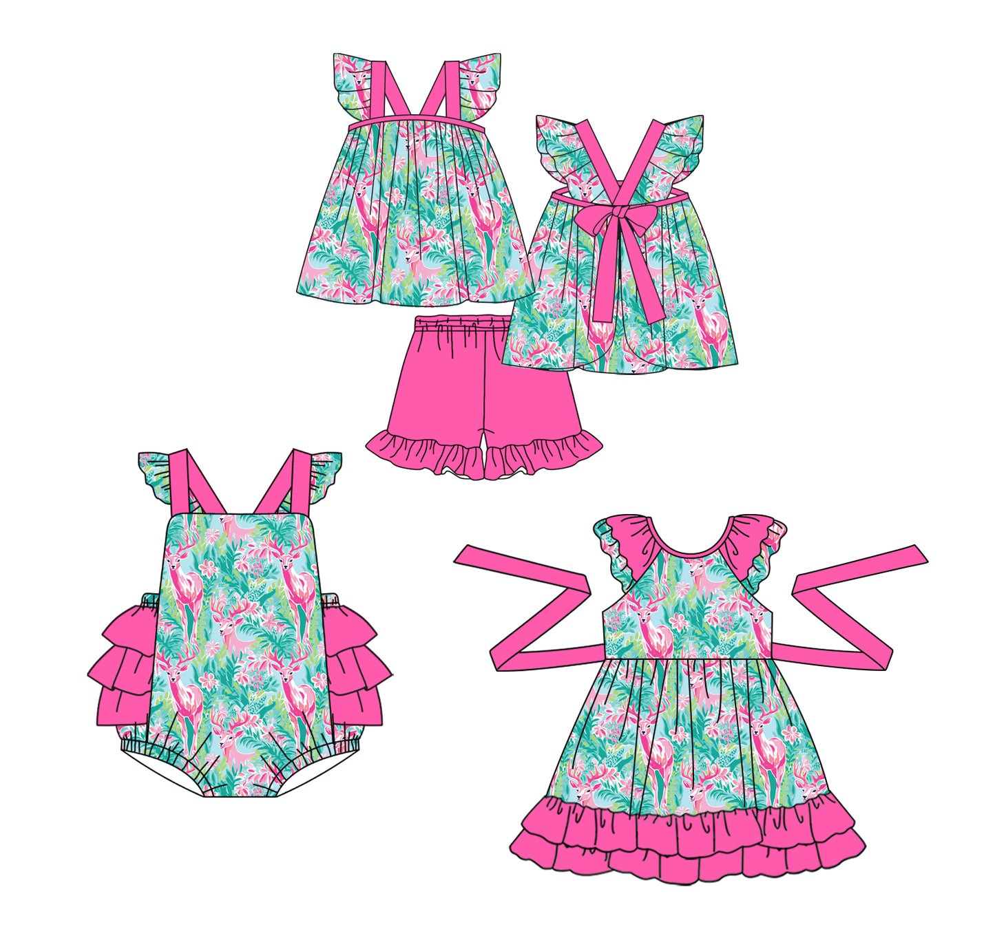 12.25 custom each style moq 5eta 4-6week Sibling Sister deer floral baby girl short sleeve shorts sets and dress and rompers match family design