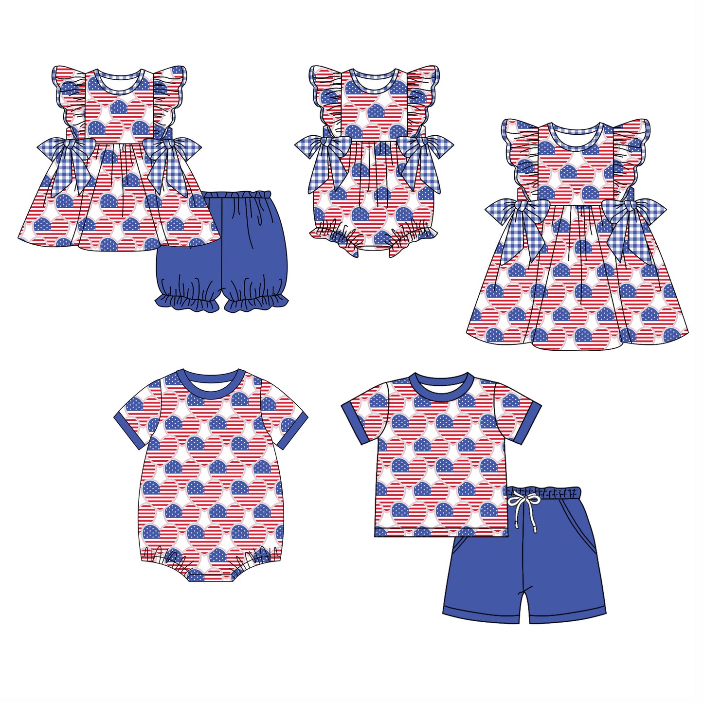 11.27 custom each style moq 5eta 4-6week Sibling Sister 4th of july baby girl short sleeve shorts sets and sets 2 and girls romper and boy romper and dress match design