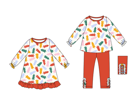 25.6.30 custom each style moq 5eta 4-6week Sibling Sisters Christmas trees baby girl long sleeve pants sets and dress match family design