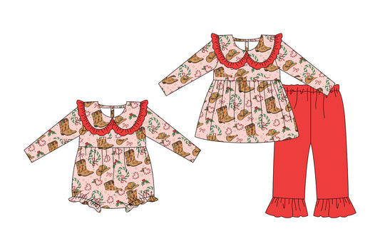 25.6.26 custom each style moq 5eta 4-6week Sibling Sisters Christmas boots baby girl long sleeve pants sets and rompers match family design