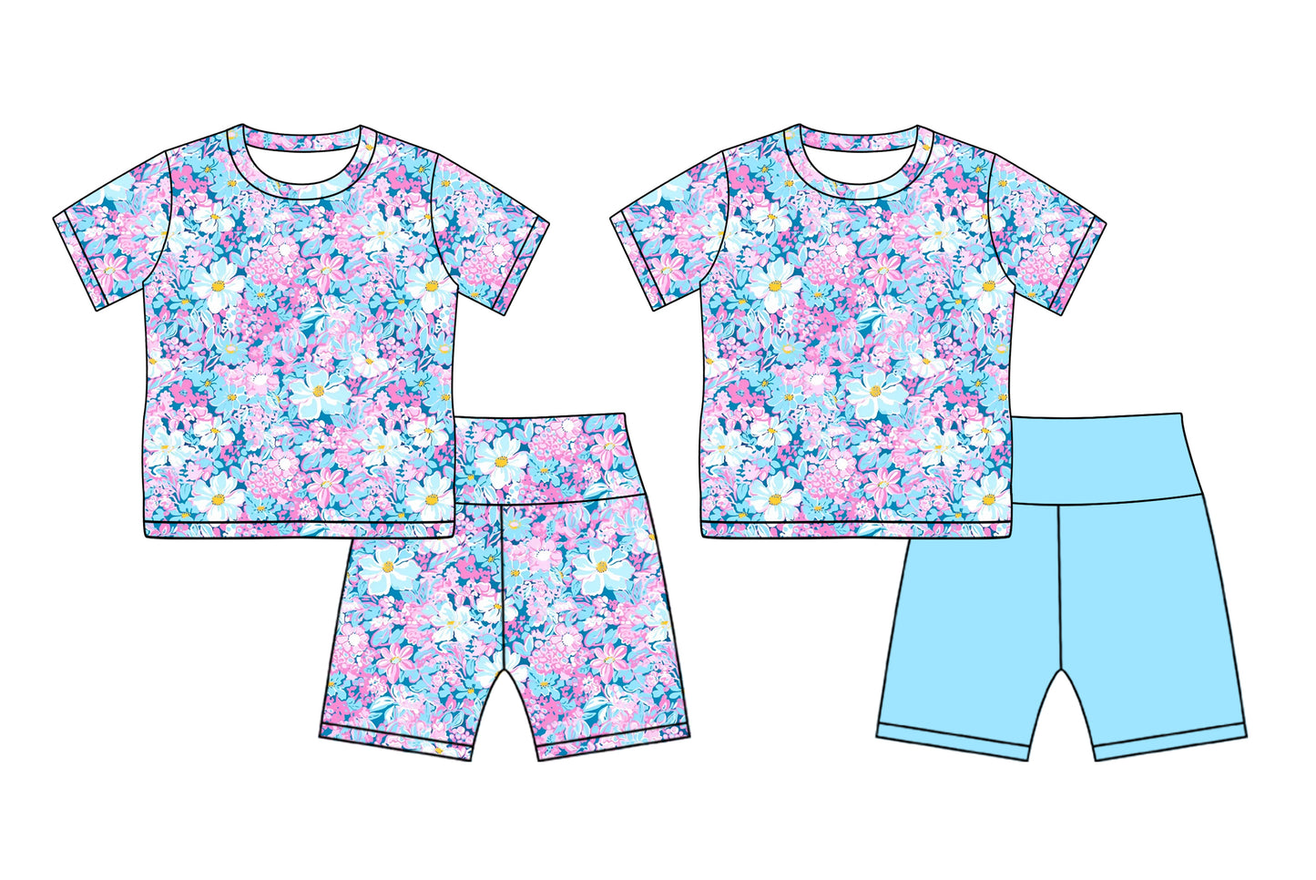 2.18 custom each style moq 5eta 4-6week Sibling Sister floral baby girls short sleeve shorts sets and set 6 match design