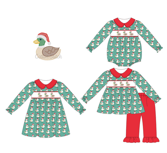 25.5.21 custom each style moq 5eta 4-6week Sibling Sisters Christmas duck baby girl long sleeve pants sets and dress and rompers match family design