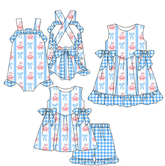 4.1 custom each style moq 5eta 4-6week Sibling Sisters bow crab flag baby girl short sleeve shorts sets and dress and rompers match family design