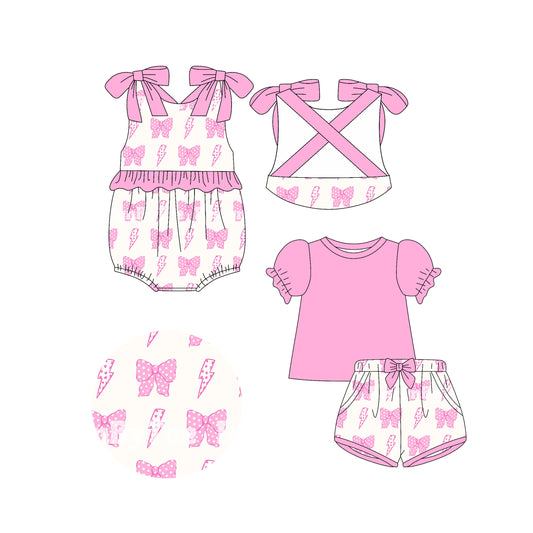 4.14 custom each style moq 5eta 4-6week Sibling Sisters bow baby girl short sleeve shorts sets and rompers match family design