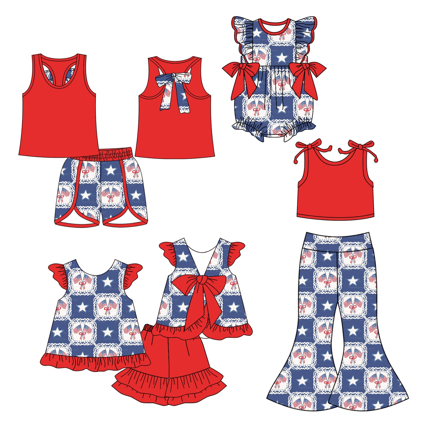 25.12.27 custom each style moq 5 eta 6-8week Sibling Sisters bow flag baby girl short sleeve shorts sets and pants sets and dress and rompers match family design