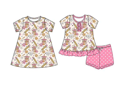 4.9 custom each style moq 5eta 4-6week Sibling Sister pencil floral baby girl short sleeve shorts sets and dresses match design