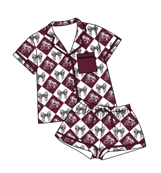 Custom moq 5 mix size Dark red Plaid Baby Pajamas Short-Sleeved Top And Shorts Team Outfit Comfortable Sleepwear for Infants