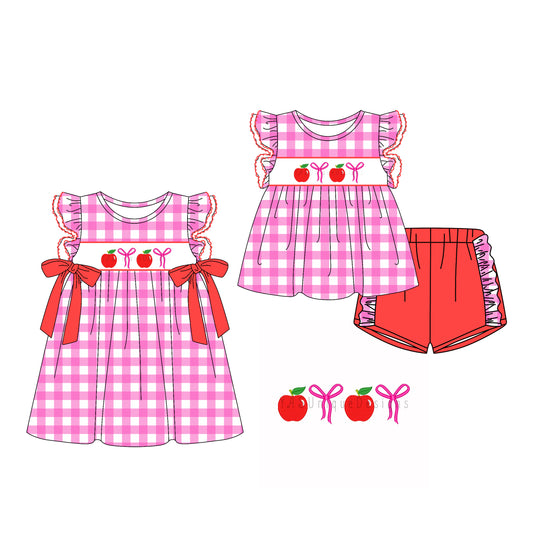 26.1.24 custom each style moq 5 eta 6-8week Sibling Sister apple bow baby short sleeve shorts sets and dress match design