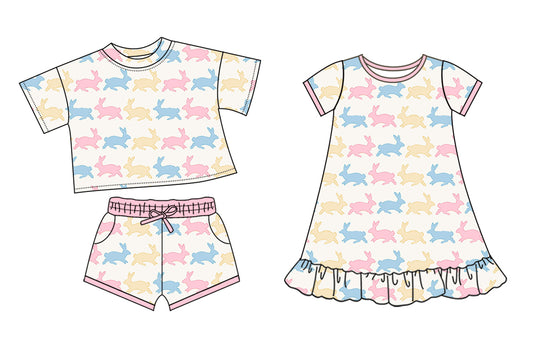 25.10.10 custom each style moq 5 eta 6-8week Sibling Sister bunny baby girl short sleeve shorts sets and dress match design