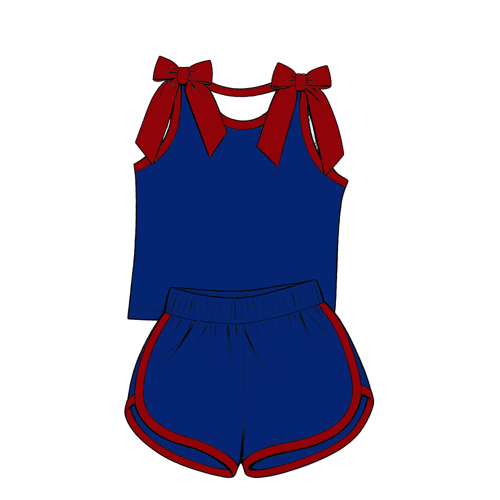 custom moq 5 mix size Baby Girls Blue Bow Sleeveless Top Shorts Summer Casual Clothes Set