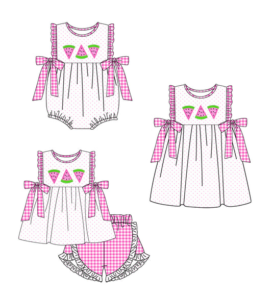 12.19 custom each style moq 5eta 4-6week Sibling Sister watermelon baby girl short sleeve shorts sets and dress and rompers match family design