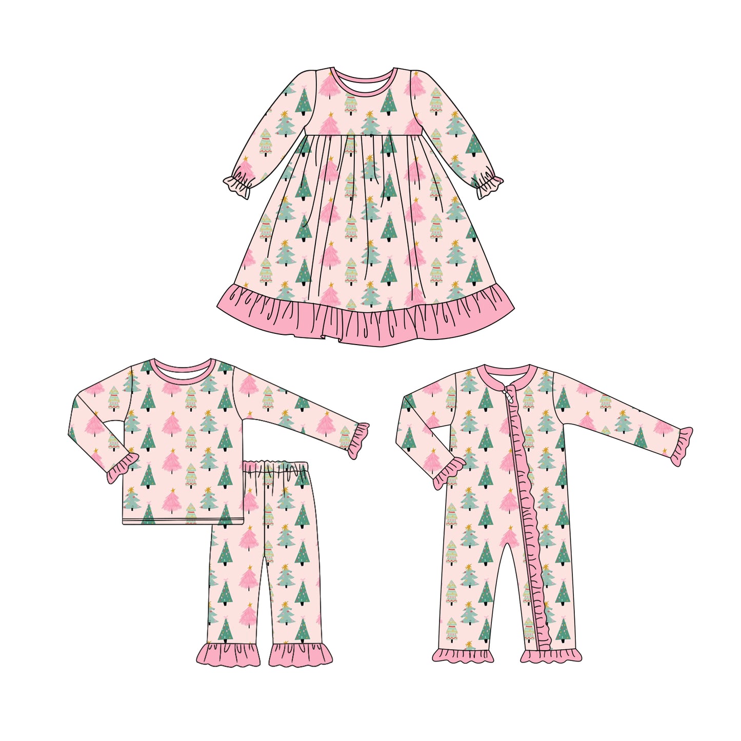 25.6.18 custom each style moq 5eta 4-6week Sibling Sisters Christmas trees baby girl long sleeve pants sets and dress and rompers match family design