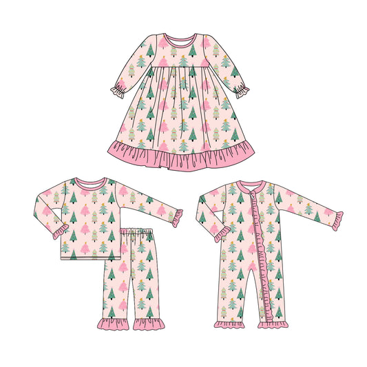 25.6.18 custom each style moq 5eta 4-6week Sibling Sisters Christmas trees baby girl long sleeve pants sets and dress and rompers match family design