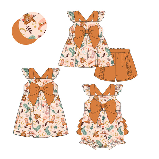 3.13 custom each style moq 5eta 4-6week Sibling Sisters alpine catcus baby girl short sleeve shorts sets and dress and rompers match family design