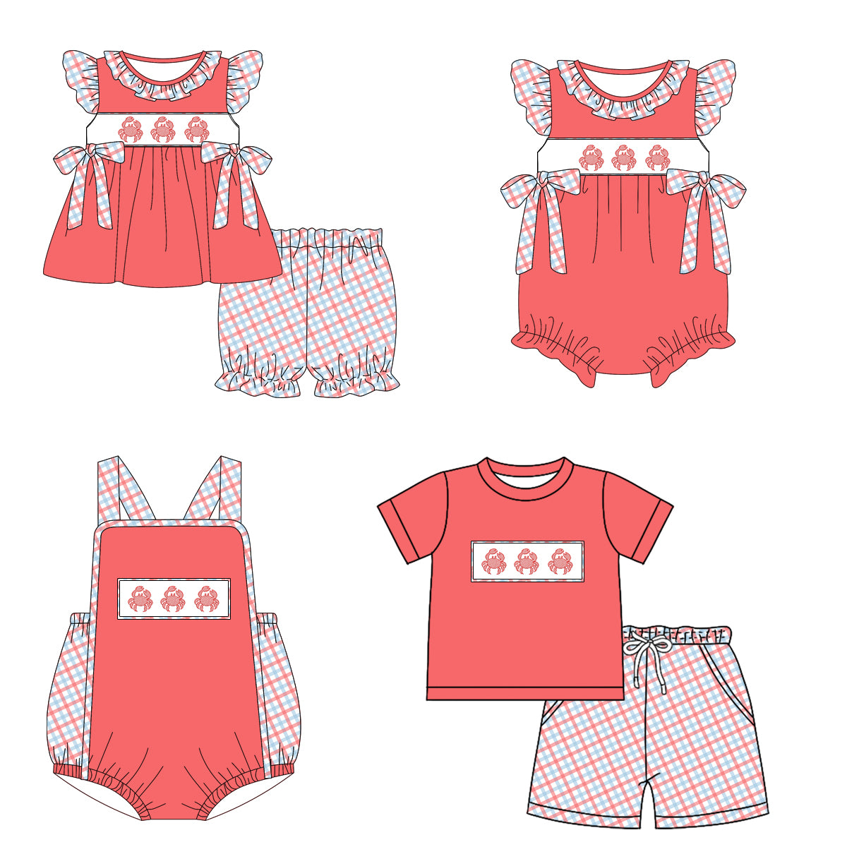 12.27 custom each style moq 5eta 4-6week Sibling Sister crab baby girl short sleeve shorts sets and sets 2 and girls romper and boy romper match design
