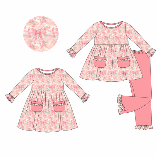 25.5.17 custom each style moq 5eta 4-6week Sibling Sisters bow pink baby girl long sleeve pants sets and dress match family design