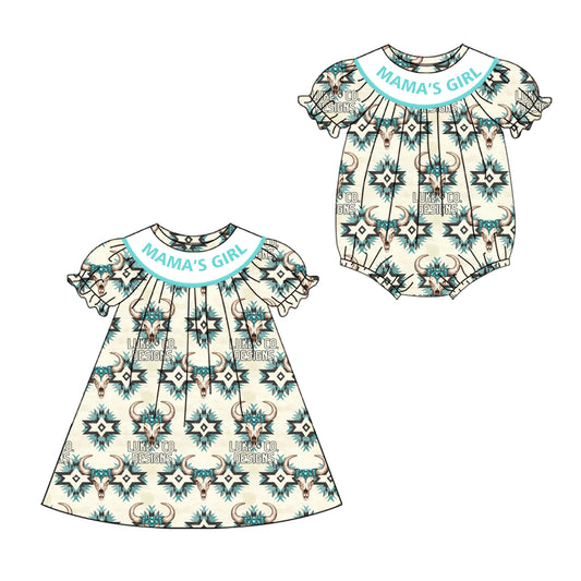 4.19 custom each style moq 5eta 4-6week Sibling Sisters MAMA GIRL geometric cow head baby girl short sleeve dress and rompers match family design
