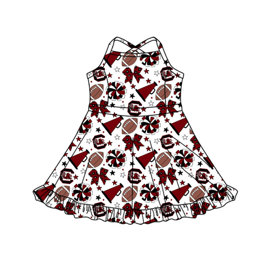 Custom moq 5 mix size milk silk summer teams Baby Girls Strap Dark Red Stars Bows Knee-Length Yoga Dress Activity Wear