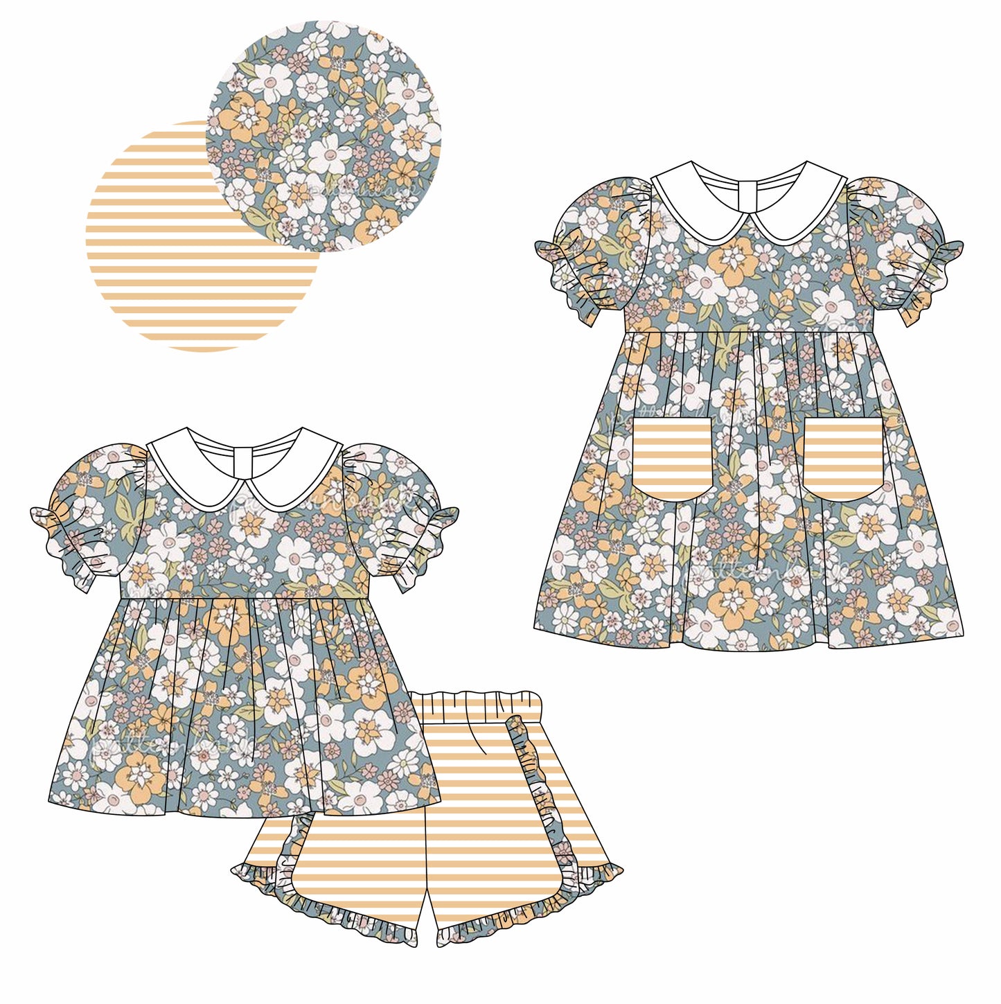 11.13 custom each style moq 5eta 4-6week Sibling Sister floral baby girl short sleeve shorts sets and dresses match design