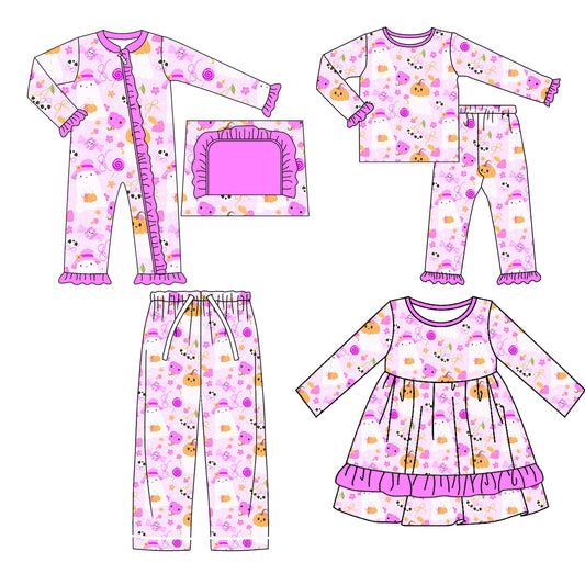 25.6.9 custom each style moq 5eta 4-6week Sibling Sisters pumpkin bow purple baby girl long sleeve pants sets and romper and dress and adult pants match family design
