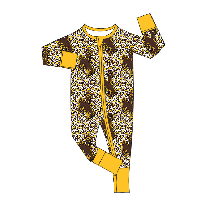 10.22 custom each style moq 5eta 4-6week Sibling leopard riding horse yellow baby girls sets and rompers match family design
