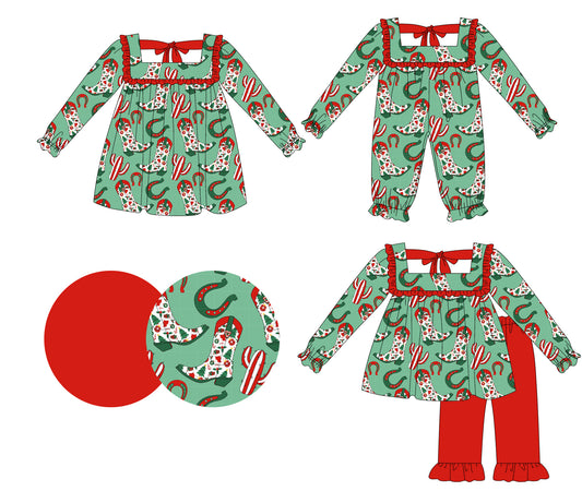 25.5.15 custom each style moq 5eta 4-6week Sibling Sisters Christmas boots baby girl long sleeve pants sets and dress and rompers match family design